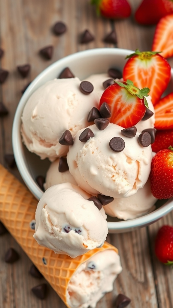 A bowl of homemade ice cream with chocolate chips and strawberries, alongside a waffle cone on a wooden table.
